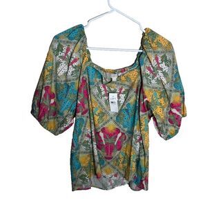 Loft Blouse Women's Medium Square Neck Puff Sleeve Boho Casual Print Top NWT